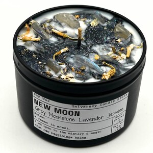 New Moon Candle with Gray Moonstone – Intention Ritual Candle for New Beginnings, Manifestation & Grounding – Vegan Soy Crystal Gift