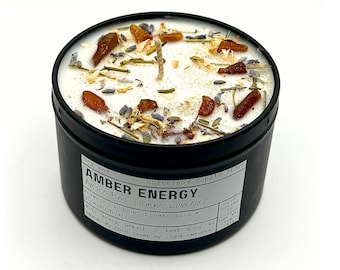 Amber Energy Candle – Baltic Amber Intention Ritual | Natural Raw Amber Crystal | Chakra Cleansing | Vegan Soy Wax | Healing Christmas Gift