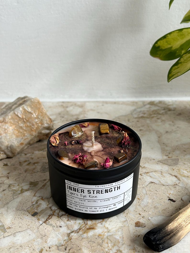 INNER STRENGTH Soy Candle Tiger's Eye Vegan Confidence & Focus Crystal Candle, Empowerment Intention Gift, Grounding Meditation Candle image 6