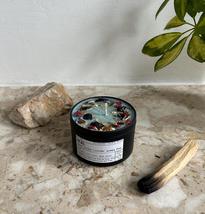 HEAL Candle Gift, Obsidian & Amber Candle, Self Care, Comfort Gift for Her, Thinking of You Gift, Stress Relief Candle, Meditation Candle image 2