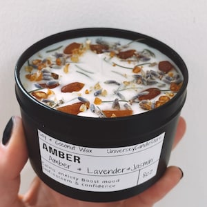 Amber Candle Baltic Natural Raw Unpolished Intention Candle Gift Healing Cleanses Chakra Body Spirit Vegan Soy Wax Magic image 1