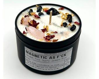 MAGNETIC AS F*CK Crystal Candle – Rose Quartz Obsidian, Manifestation Ritual, Detachment, Grounding, Self Love, Attraction Magic, Energy