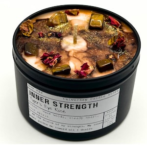 INNER STRENGTH Soy Candle Tiger's Eye Vegan Confidence & Focus Crystal Candle, Empowerment Intention Gift, Grounding Meditation Candle image 1