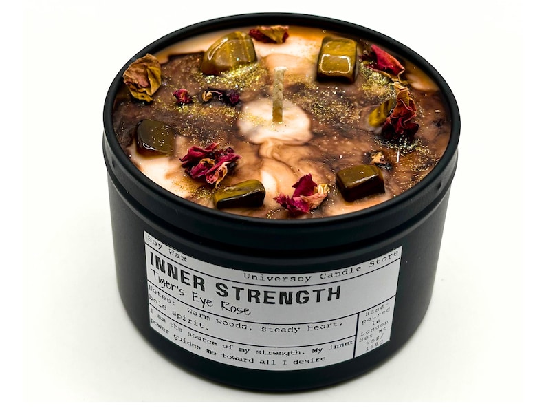 INNER STRENGTH Soy Candle Tiger's Eye Vegan Confidence & Focus Crystal Candle, Empowerment Intention Gift, Grounding Meditation Candle image 1