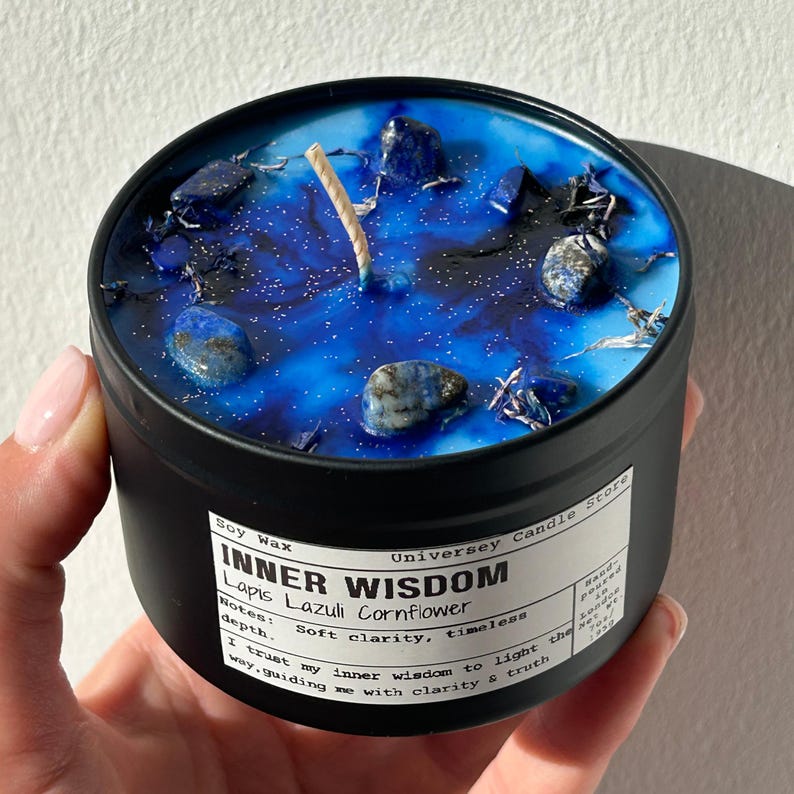 INNER WISDOM Candle – Lapis Lazuli Intuition Ritual | Third Eye Chakra | Clarity | Self-Trust | Spiritual Gift | Vegan Soy Crystal Candle image 1
