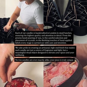 May include: A black candle tin filled with pink wax, embedded with crystals and dried botanicals. The label reads Soy Wax INNER Rose Q. Notes: pure pow I am con soft, str. The process includes pouring wax into black tins using a metal funnel tool.