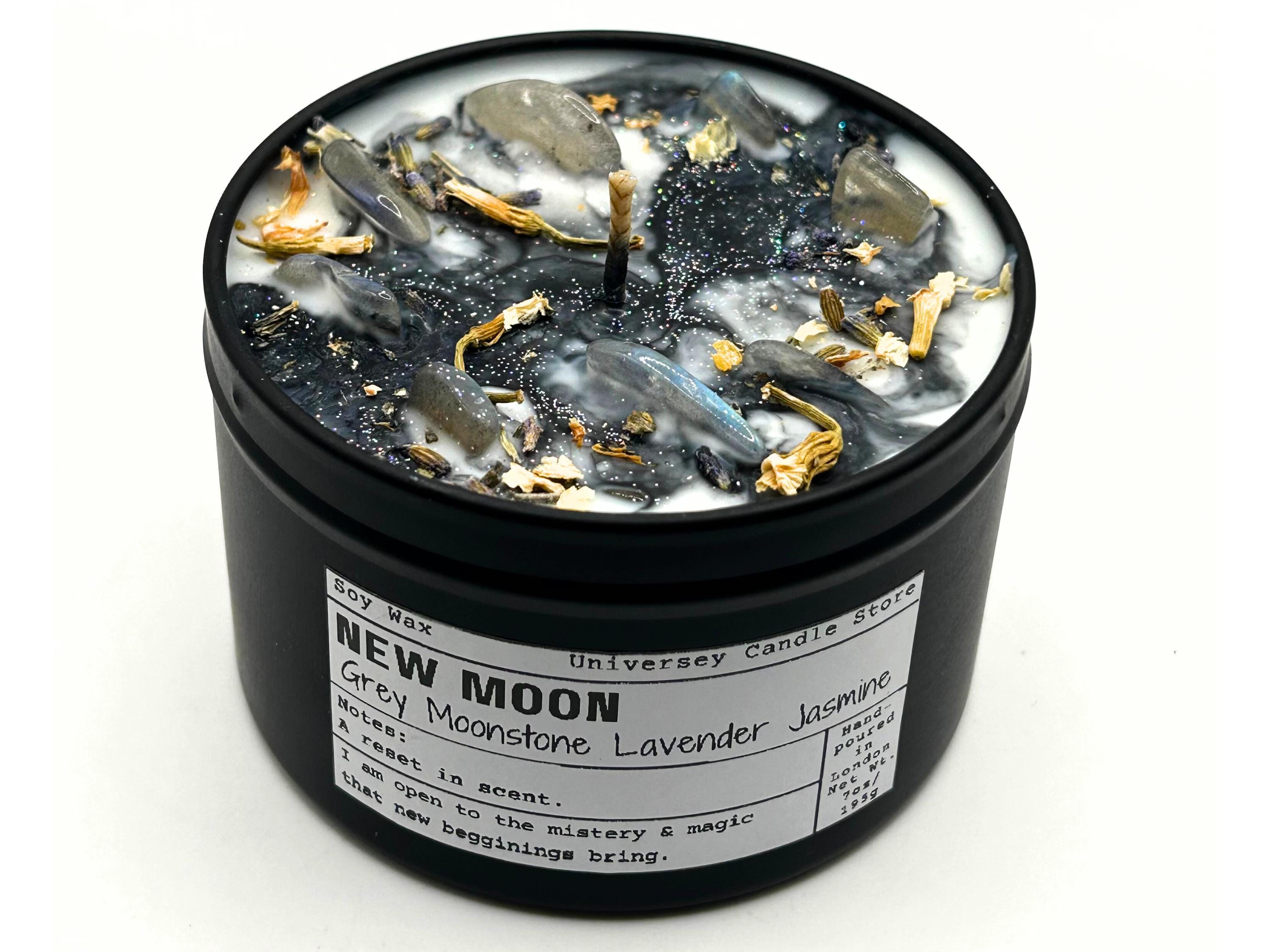 New Moon Candle with Gray Moonstone – Intention Ritual Candle for New Beginnings, Manifestation & Grounding – Vegan Soy Crystal Gift