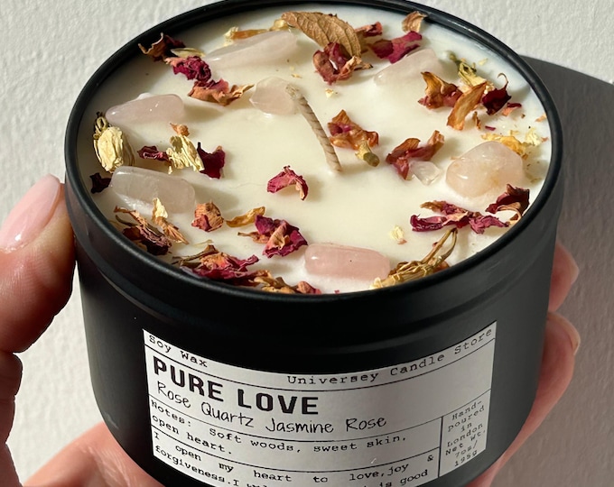 PURE LOVE Candle, Rose Quartz, Healing Crystal Candle, Gift for Her, Self-Love Candle, Comfort Gift, Meditation Candle, Spiritual Gift Heart