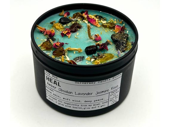 HEAL – Grounding Obsidian & Baltic Amber Candle | Vegan Meditation Candle for Energy Clearing, Protection | Self Care Gift