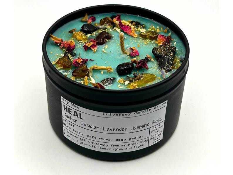 HEAL Candle Gift, Obsidian & Amber Candle, Self Care, Comfort Gift for Her, Thinking of You Gift, Stress Relief Candle, Meditation Candle image 1