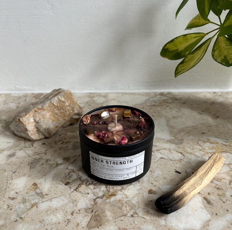 INNER STRENGTH Soy Candle Tiger's Eye Vegan Confidence & Focus Crystal Candle, Empowerment Intention Gift, Grounding Meditation Candle image 2