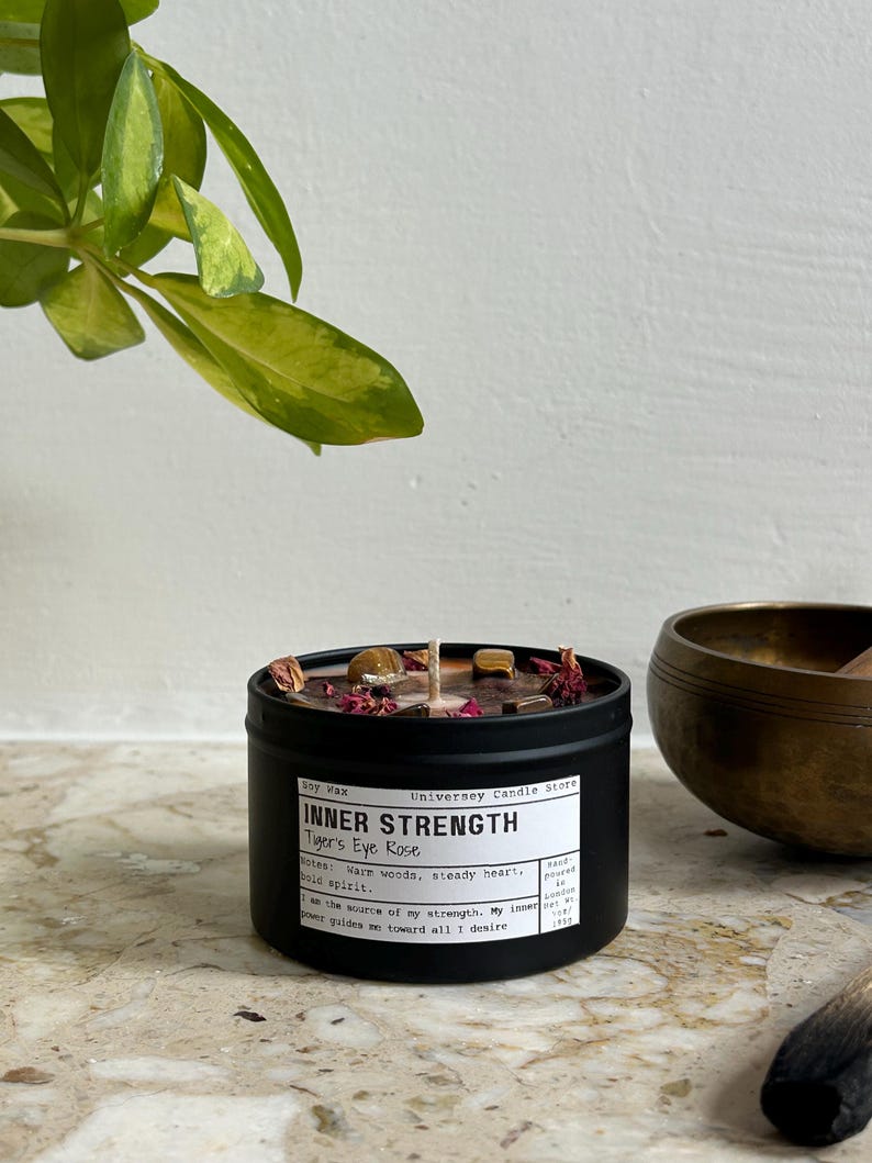 INNER STRENGTH Soy Candle Tiger's Eye Vegan Confidence & Focus Crystal Candle, Empowerment Intention Gift, Grounding Meditation Candle image 3