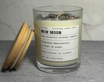 New Moon Candle with Gray Moonstone – Intention Ritual Candle for New Beginnings, Manifestation & Grounding – Vegan Soy Crystal Gift