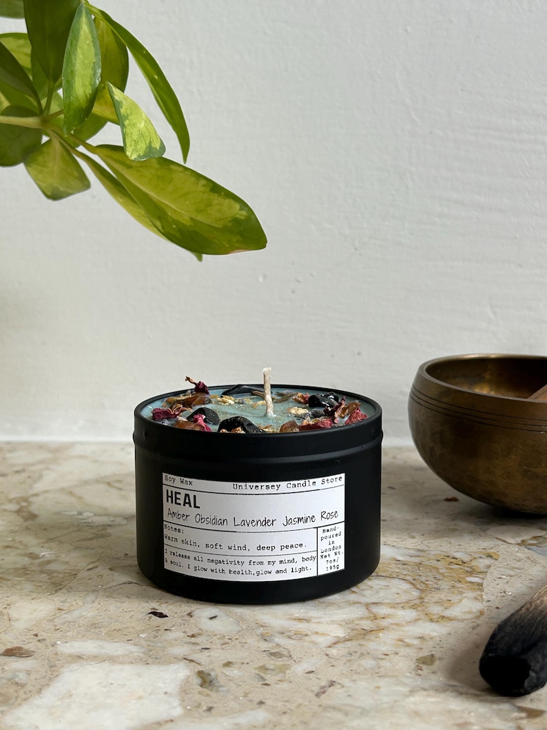 HEAL Candle Gift, Obsidian & Amber Candle, Self Care, Comfort Gift for Her, Thinking of You Gift, Stress Relief Candle, Meditation Candle image 3