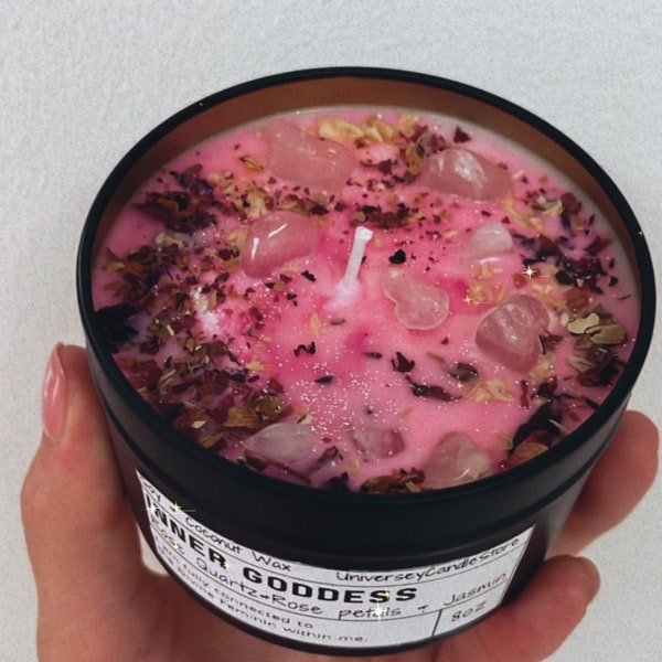 INNER GODDESS - Rose Quartz Crystal Candle Spiritual Gift soy wax love healing harmony balance heart chakra magic channel vegan