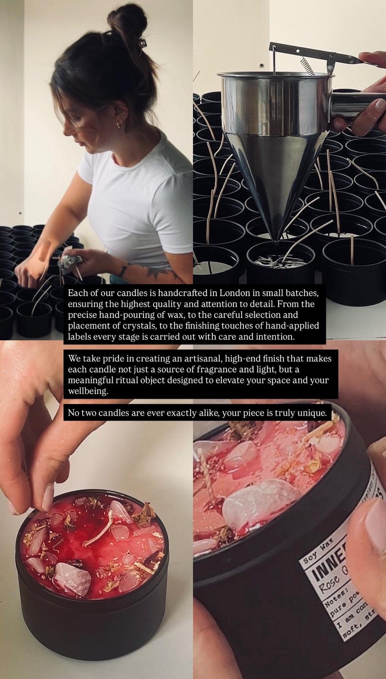 May include: A stainless steel funnel pouring wax into black candle containers, and a finished candle in a black tin topped with pink crystals and dried botanicals. The label on the candle reads Soy Wax INNER Rose Q. The text describes the process.