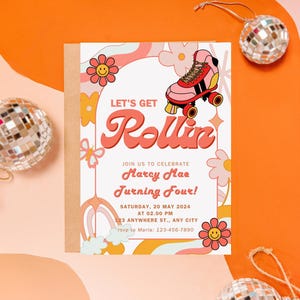 Editable Retro Roller Skate Birthday Party Invitation, Let&#39;s Roll Skating, Kids Rainbow 70&#39;s Skate Invite, retro birthday, digital invite
