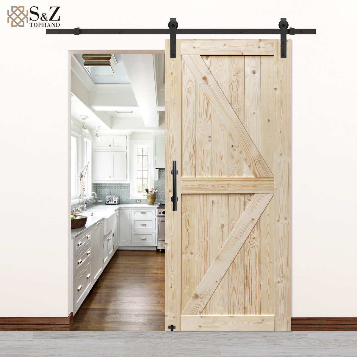 S&Z TOPHAND® Puerta de granero de PVC de 24 pulgadas x 84 pulgadas, textura  de madera blanca, marco de acero inoxidable de 20-42 pulgadas, puerta de