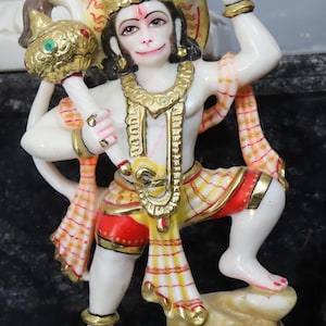 Handcrafted White Marble Hanuman Statue: Hindu God Decor, India