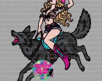 Western Cowgirl Wolf Clipart PNG, Pink Turquoise Digital Download