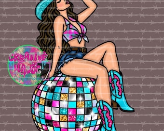 Western Cowgirl Disco Ball Clipart PNG, Pink Turquoise Digital Download