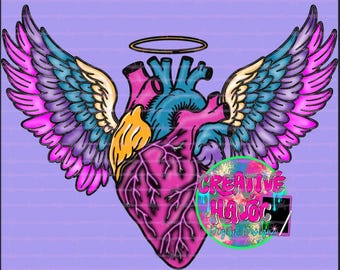 Colorful Angel Heart Wings Clipart PNG, Anatomical Heart Digital Download
