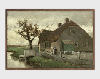 Vintage Farmhouse Landscape Painting: Rustic Home Printable (Digital Download)