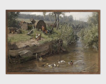 Pintura de paisaje de primavera Impresión vintage Pintura de pato de granja IMPRIMIBLE