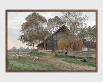 Vintage Farmhouse Landscape Painting: Rustic Sheep Scene (Digital Download)