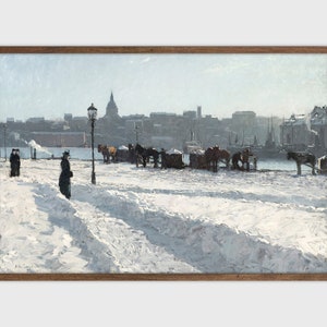 Vintage Winter Print Victorian Village Oil Painting PrintableHoliday Christmas Wall Decor