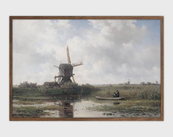 オランダの風車の風景画｜ヴィンテージオランダの田園風景油絵（印刷