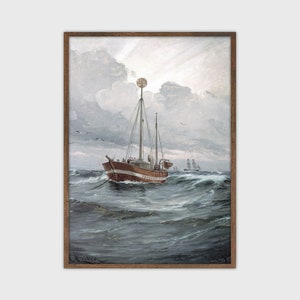 Vintage Nautical Painting Fishing Boat Print Moody Printable Art