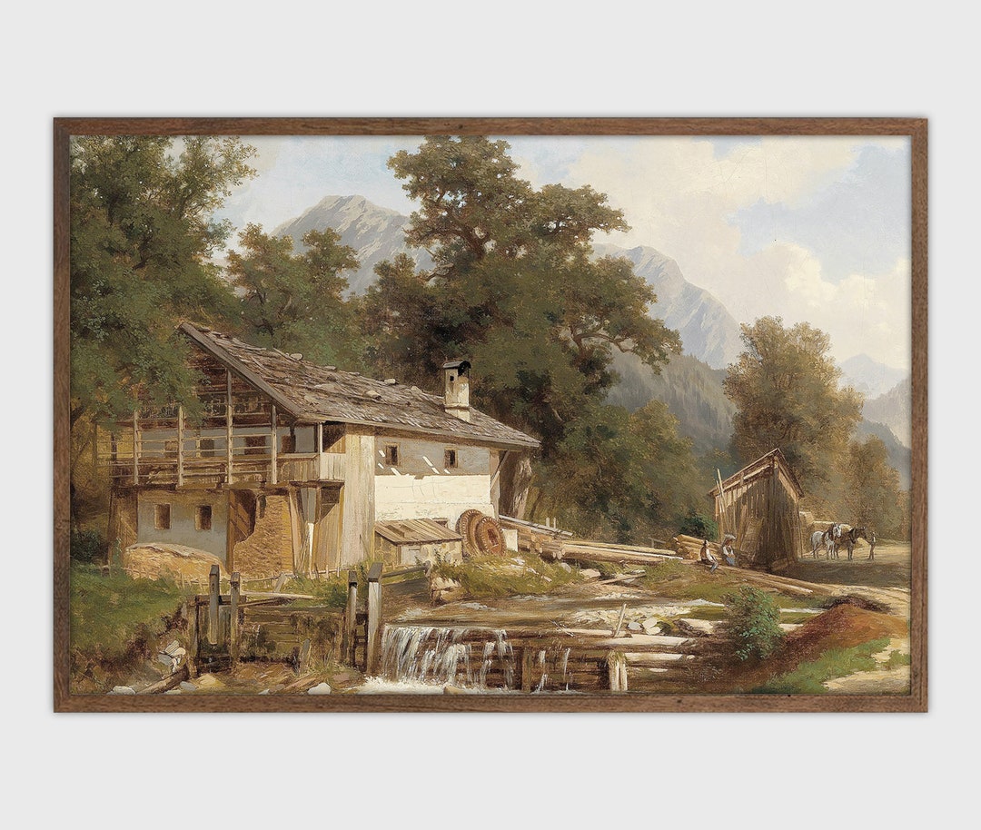 Rustic Cabin Art Print: Vintage Forest Lake Painting (digital Download ...