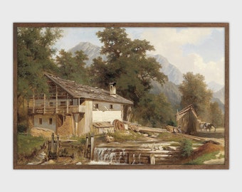 Rustic Cabin Art Print: Vintage Forest Lake Painting (Digital Download)