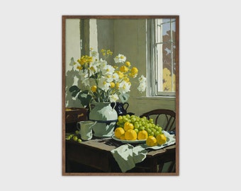 Tableau nature morte de fleurs blanches : art de la cuisine vintage (téléchargement numérique)