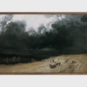 May include: A painting depicting a dark, stormy sky over a field with a group of people and a cart in the distance.