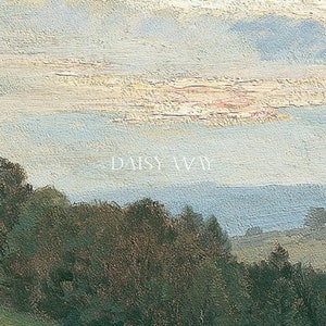 May include: A painting of a landscape with a blue sky and white clouds. The sky is painted with a light pink hue in the distance. There are trees in the foreground and a field in the middle ground.