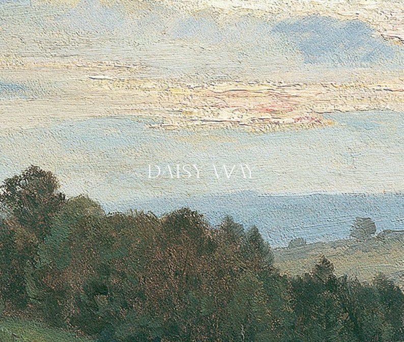 May include: A painting of a landscape with a blue sky and white clouds. The sky is painted with a light pink hue in the distance. There are trees in the foreground and a field in the middle ground.