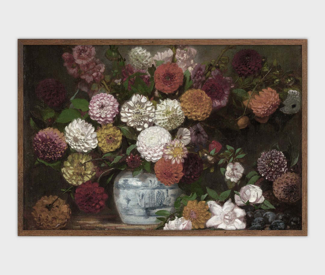 Moody Vintage Flower Print Dark Floral Still Life Oil Painting ...
