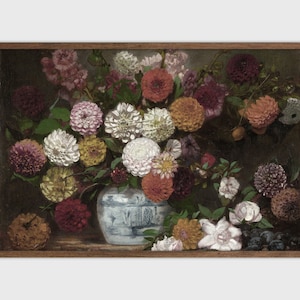 Moody Vintage Flower Print Dark Floral Still Life Oil Painting Printable Digital Antique Art