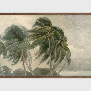 May include: A watercolour painting of palm trees swaying in the wind. The trees are green and brown, and the sky is a light grey. The painting is framed in a brown wood frame.