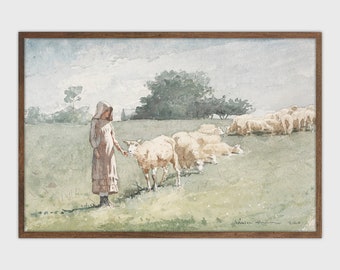 Antique Sheep Oil Painting: Vintage Farm Landscape (Printable Wall Art)