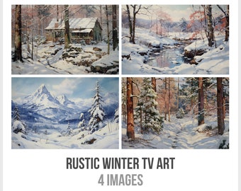 Rustic Winter Landscape Frame TV Art Bundle - Cozy Cabin, Snowy Mountains, Holiday Vibes