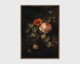 Moody Vintage Flower Print Dark Floral Still Life Pintura al óleo Imprimible Arte antiguo digital