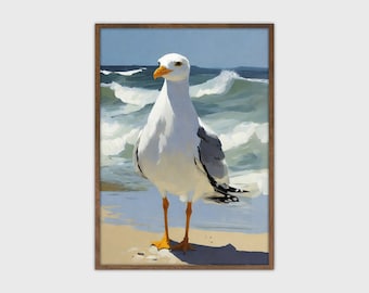 Cuadro vintage de gaviota: impresión de arte náutico costero, descarga instantánea, decoración para casa de playa