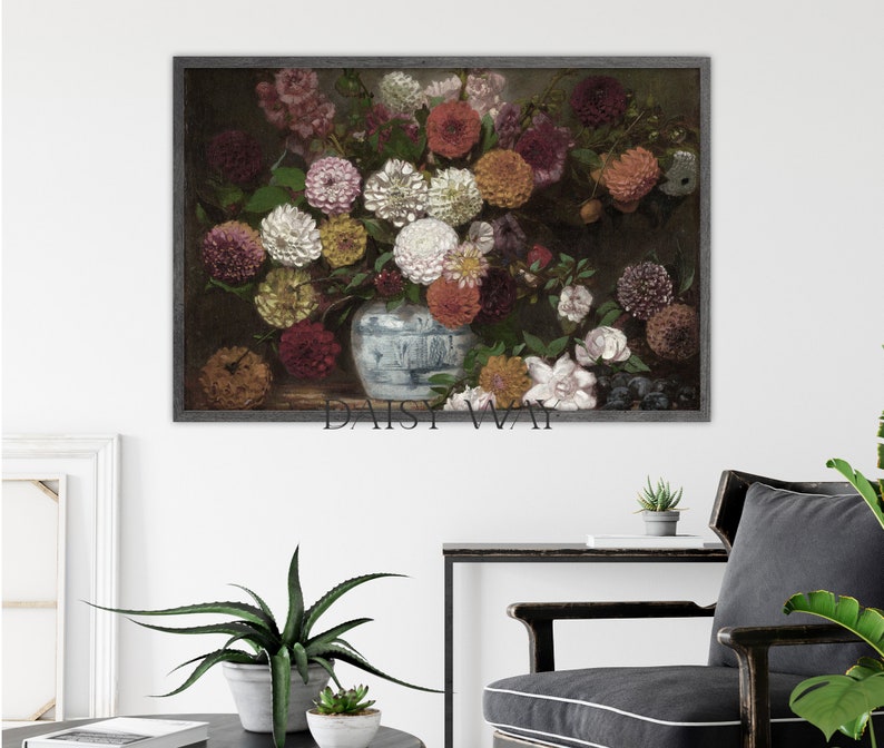 Moody Vintage Flower Print Dark Floral Still Life Oil Painting ...