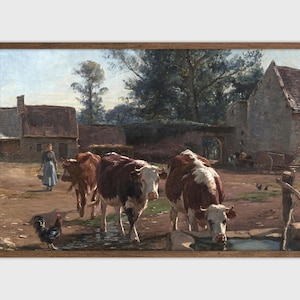 Paesaggio con mucche, dipinto a olio vintage, riproduzione di arte da parete antica di grandi dimensioni, stampabile