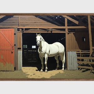 Horse in Barn Painting, Rustic Farmhouse Wall Art, Instant Download Print