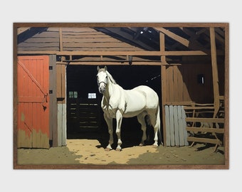 Horse in Barn Painting, Rustic Farmhouse Wall Art, Instant Download Print