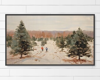 Arte de TV con marco de granja de árboles de Navidad: paisaje de invierno, decoración de TV navideña